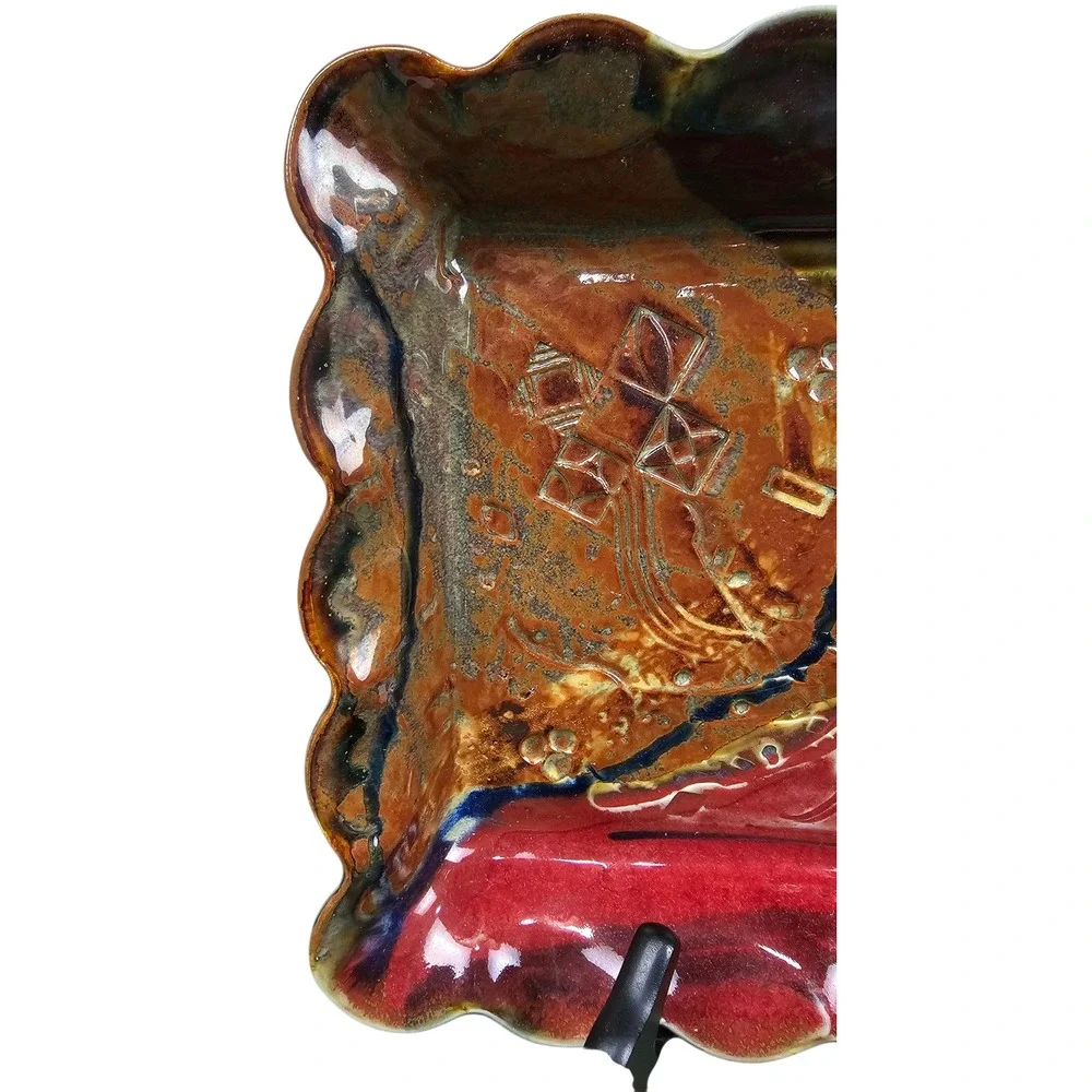 Scott Frankenberger Handcraft Scalloped‎ Ceramic Tray Red Ochre Floral Geometric